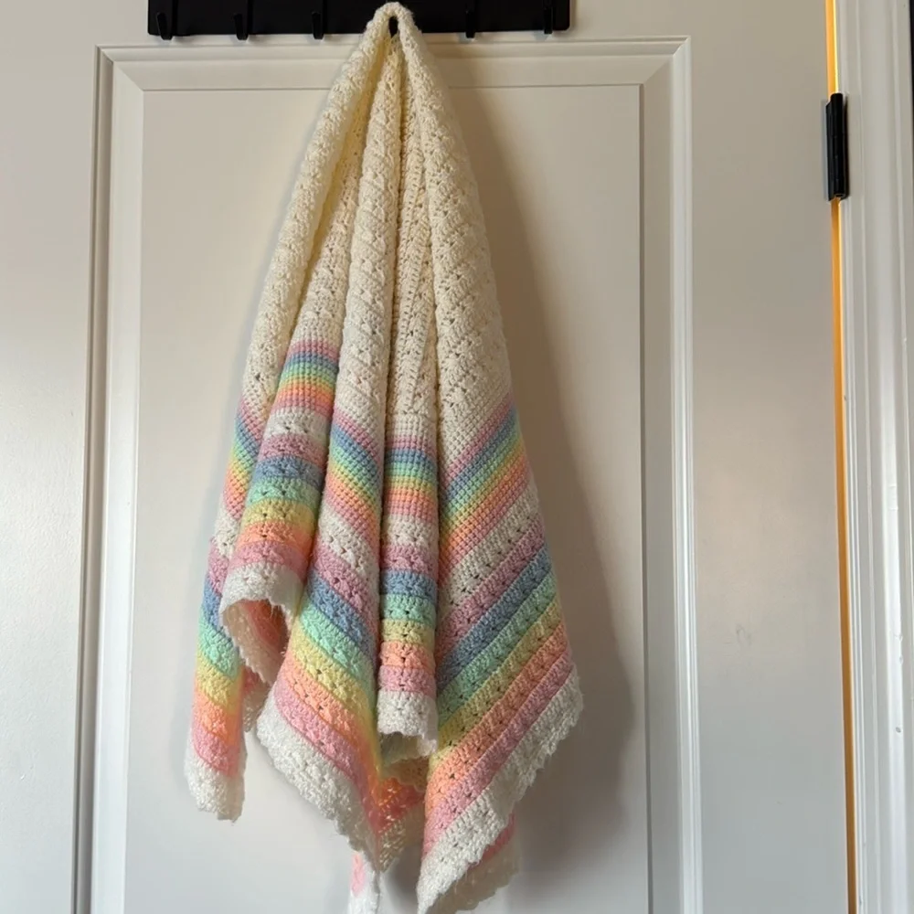 Crochet Rainbow Handmade Baby Blanket Afghan, Stroller Throw, White and Pastel